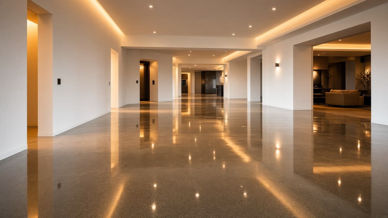 Mirror-smooth polished concrete floor reflecting warm light