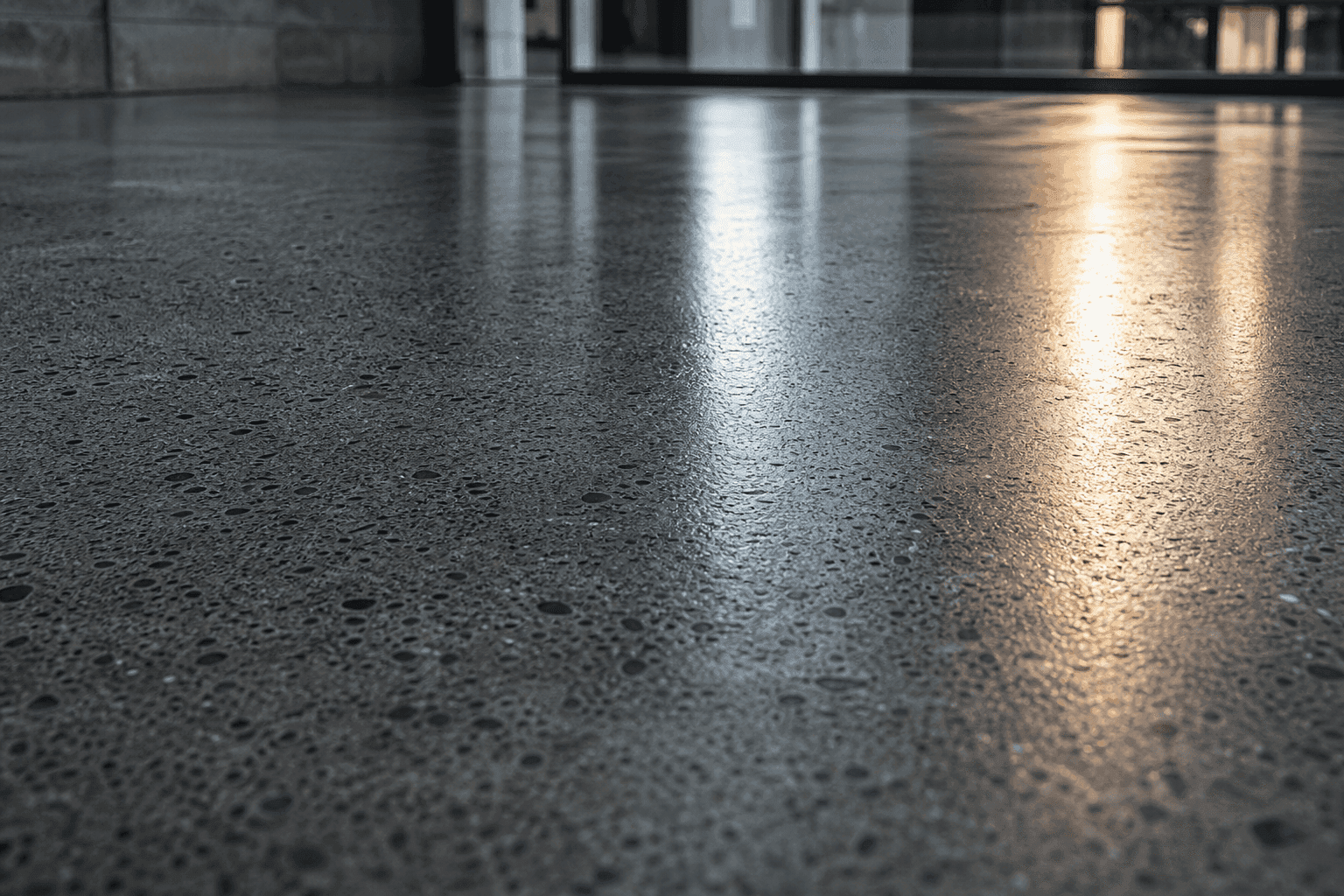 Close-up of a freshly polished concrete floor reflecting light